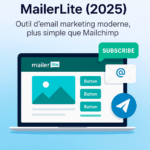 Illustration promotionnelle de MailerLite montrant la gestion de campagnes d’email marketing sur ordinateur portable et smartphone en 2025