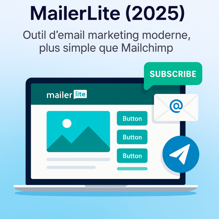 Illustration promotionnelle de MailerLite montrant la gestion de campagnes d’email marketing sur ordinateur portable et smartphone en 2025