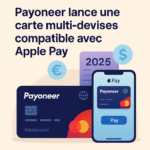 Illustration d’une carte Payoneer multi-devises compatible avec Apple Pay sur smartphone et ordinateur portable