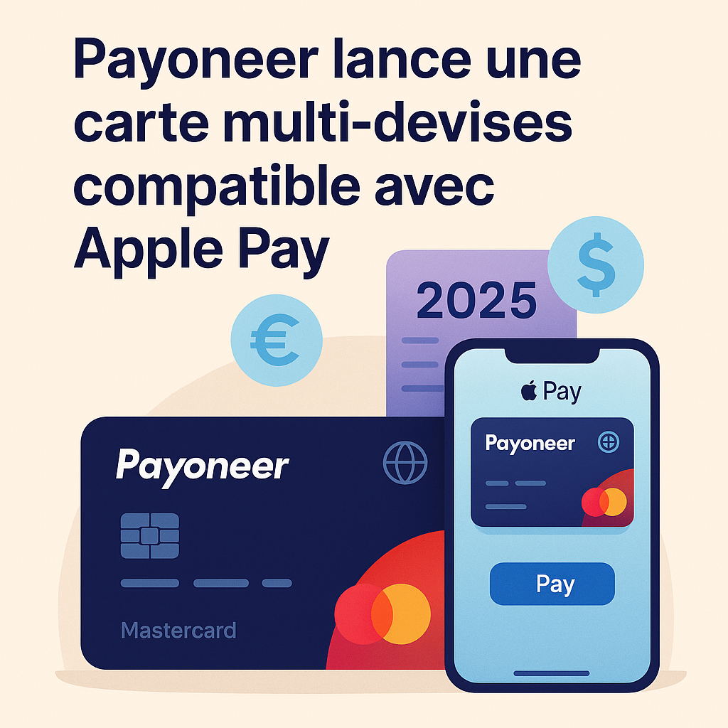 Illustration d’une carte Payoneer multi-devises compatible avec Apple Pay sur smartphone et ordinateur portable