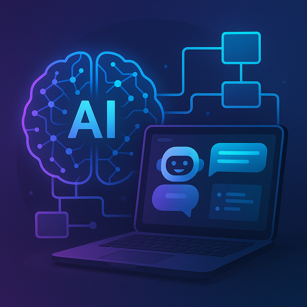 Illustration d’un cerveau IA connecté à un écran de chatbot avec lignes d’automatisation et interface technologique.
