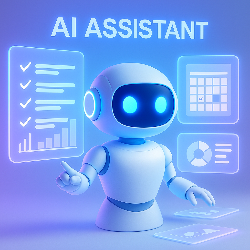 Assistant IA futuriste interagissant avec des écrans holographiques affichant tâches, calendrier et graphiques.