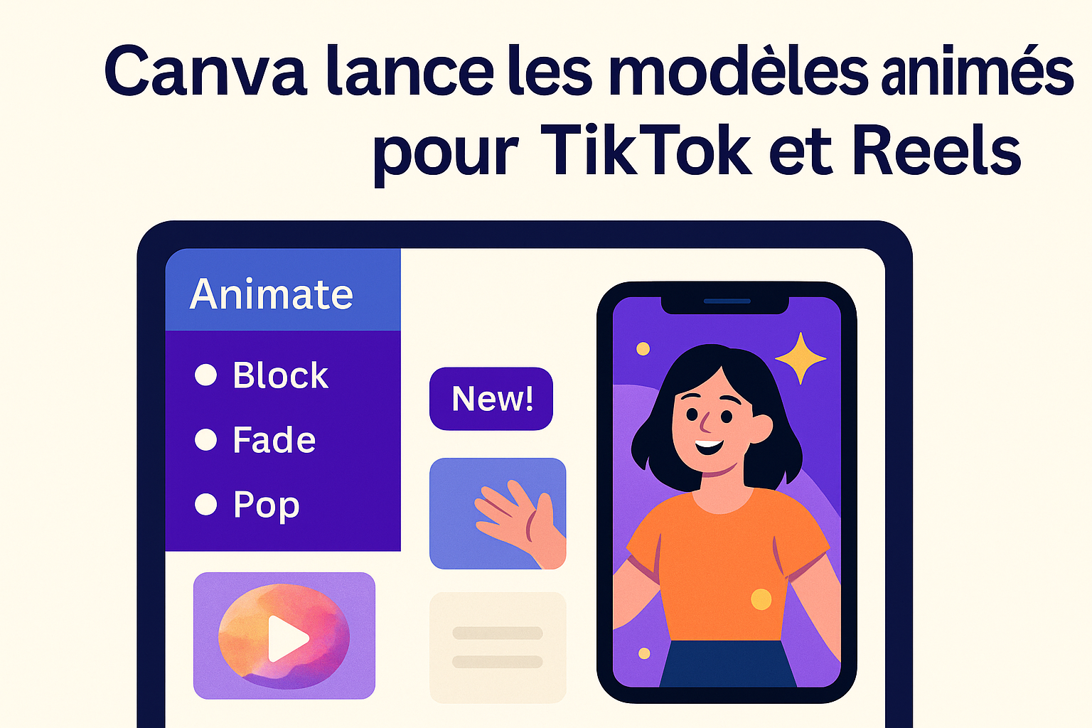 Interface Canva montrant des modèles animés pour TikTok et Reels avec des effets visuels et un aperçu sur smartphone