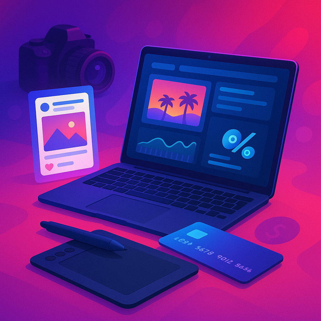 Espace de travail moderne avec tablette graphique, montage vidéo sur ordinateur portable et aperçu de réseaux sociaux.