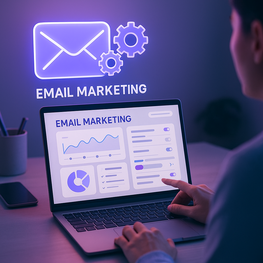 Personne utilisant un logiciel d’email marketing sur ordinateur portable, avec icône d’enveloppe et engrenages d’automatisation.
