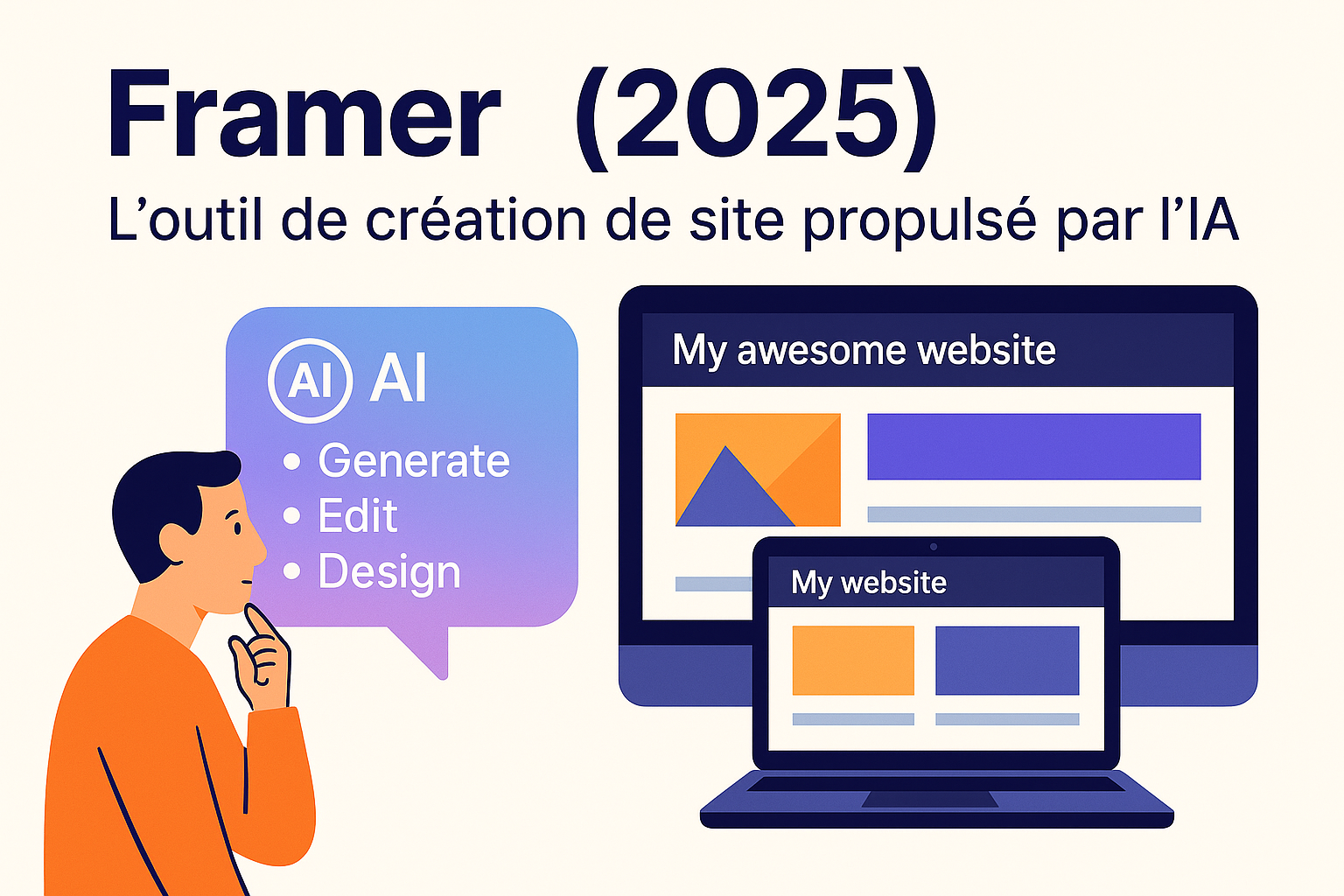 Illustration de l’interface de Framer avec création de site web assistée par intelligence artificielle en 2025