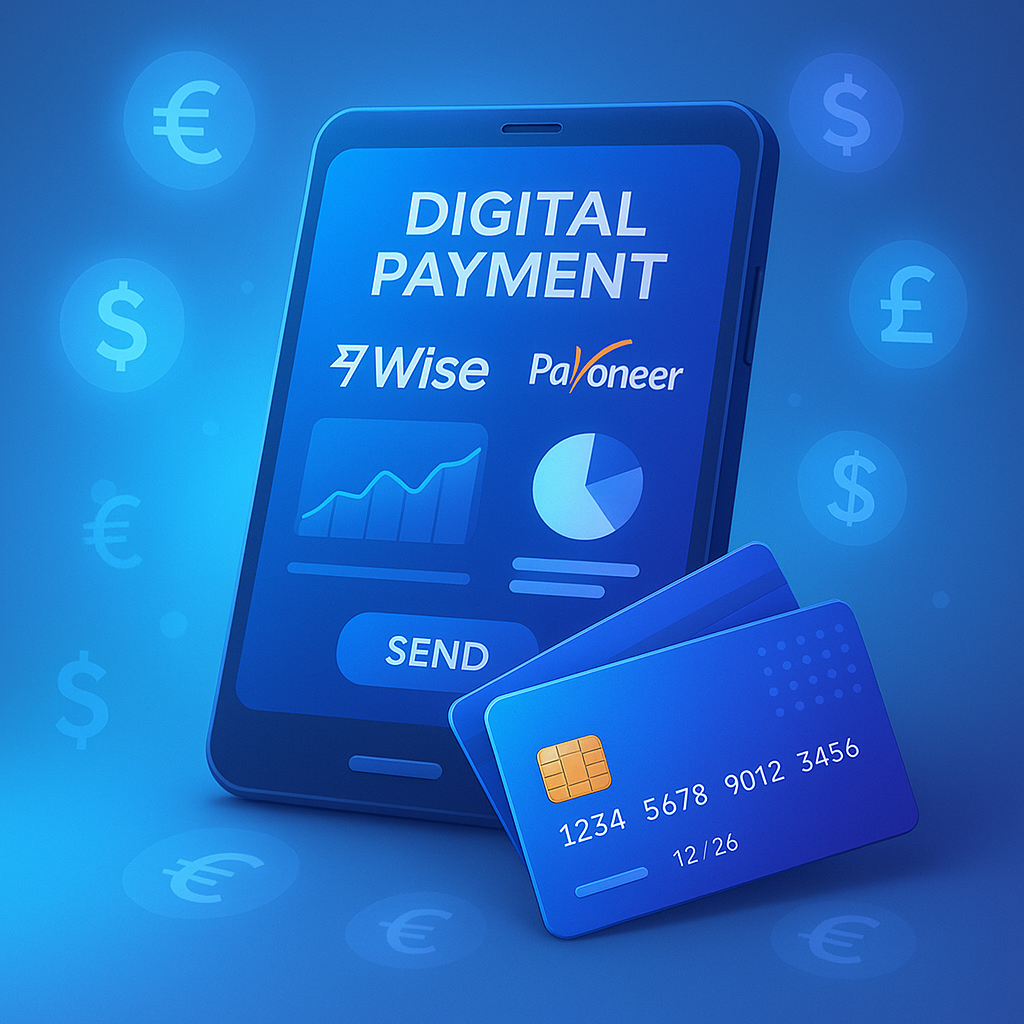 Plateforme de paiement numérique affichant les logos Wise et Payoneer, cartes bancaires et icônes de devises flottantes.