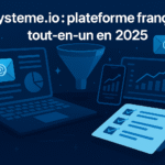 Illustration de la plateforme Systeme.io présentant un tunnel de vente, une interface emailing et un espace e-learning en 2025
