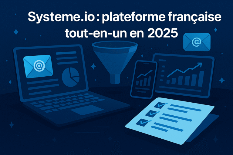 Illustration de la plateforme Systeme.io présentant un tunnel de vente, une interface emailing et un espace e-learning en 2025