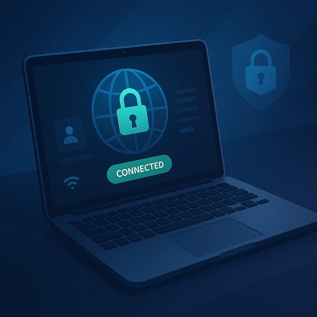Ordinateur portable montrant une connexion VPN sécurisée avec globe et cadenas numérique, ambiance sombre et bleue.